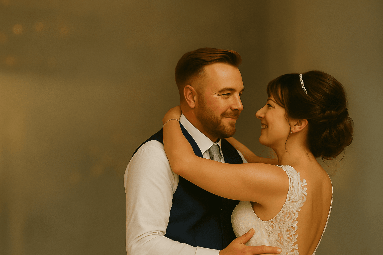 Soft-focus wedding celebration: couple dancing with guests